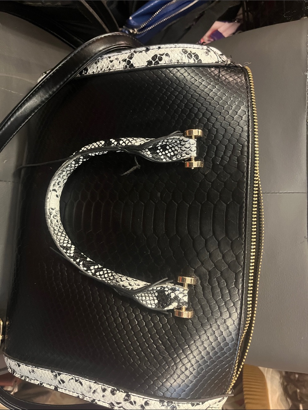 Black and White Snake-Trim Dome Satchel - Unbranded